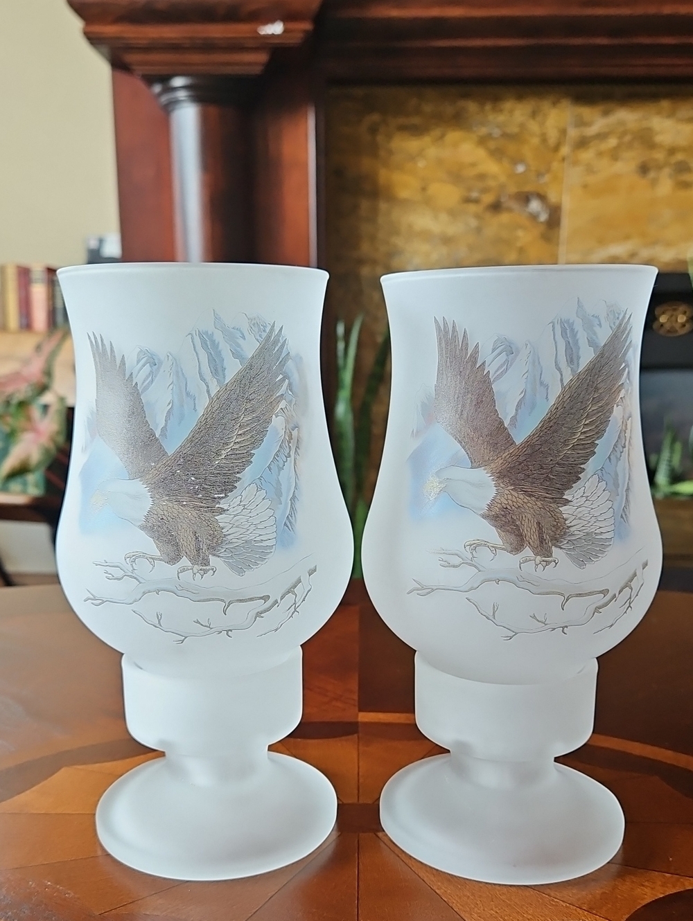 Vintage Eagle Frosted Glass Candle Lamps Set of 2 Cabin Lodge Decor Americana